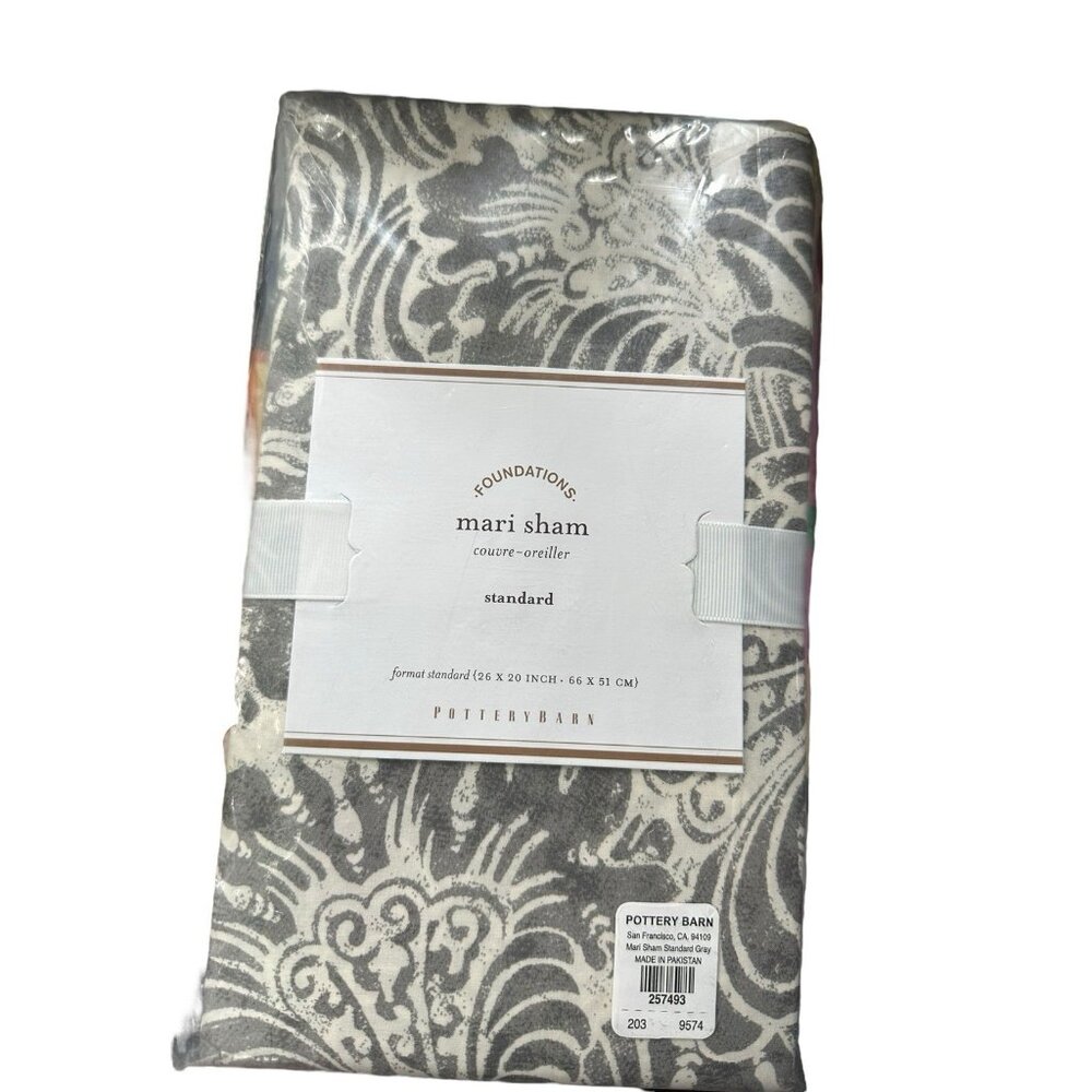 Pottery Barn Standard Mari Sham 26" x 20" Foundations NEW Cotton Gray Paisley